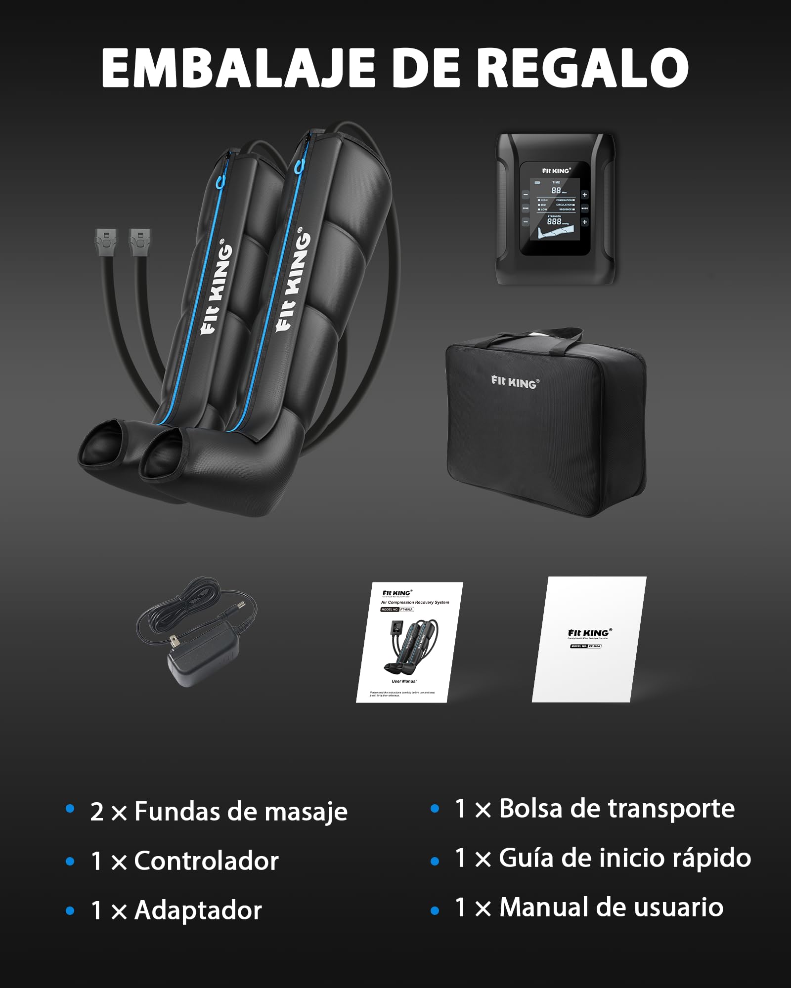 FIT KING Inalámbrico Masajeador de Piernas, Botas Presoterapia para Piernas Recargable Masajeador para el Dolor y la Circulación Sistema de Recuperación Rápida Relajación Post-Entrenamiento(Medio)