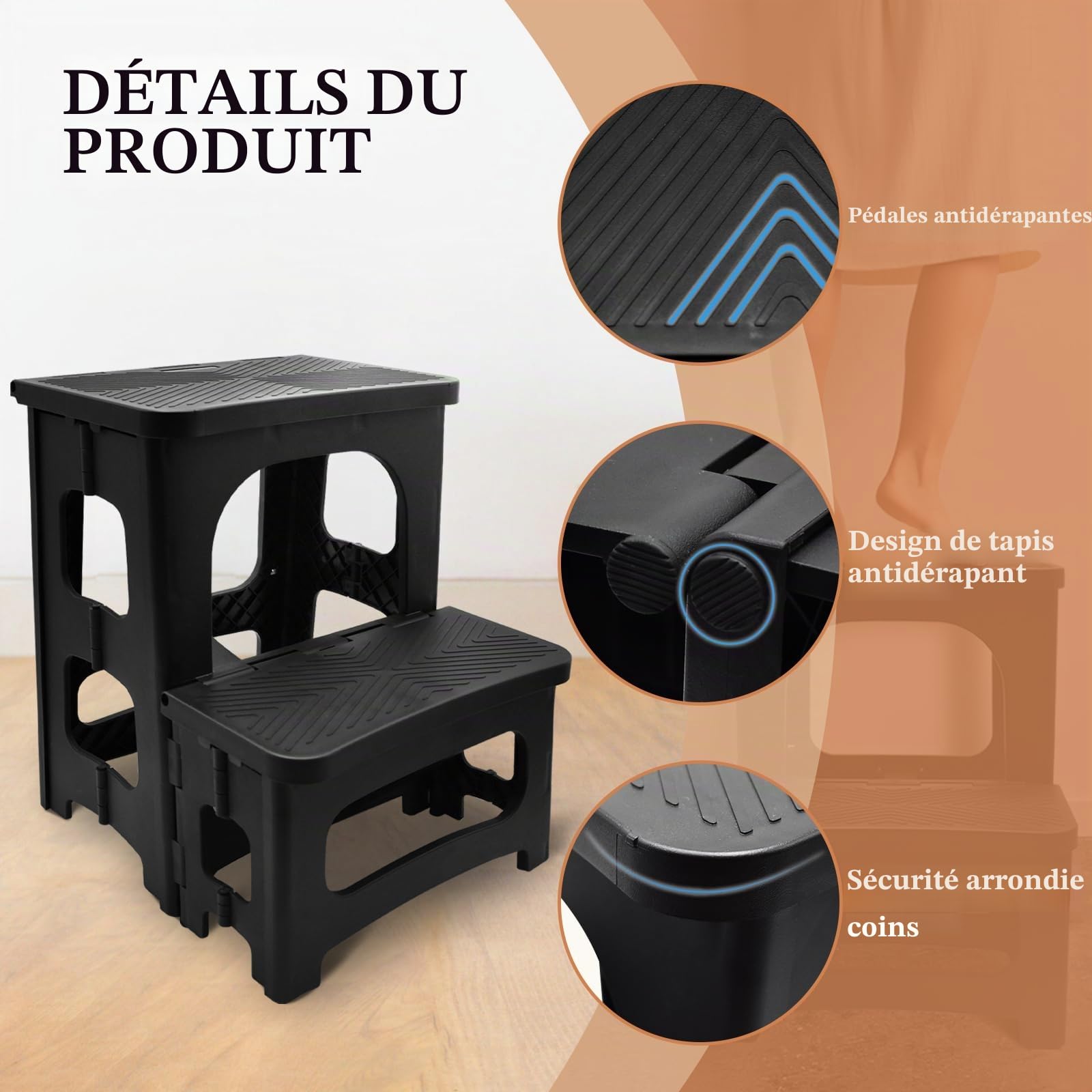 Pliable Tabouret à 2 marches, Portable Tabouret pour Adultes et Enfants avec Pédales antidérapantes Capacité de Charge de 150 kg Escabeau 2 marches pour lit Haut, Cuisine, Salle de Bain