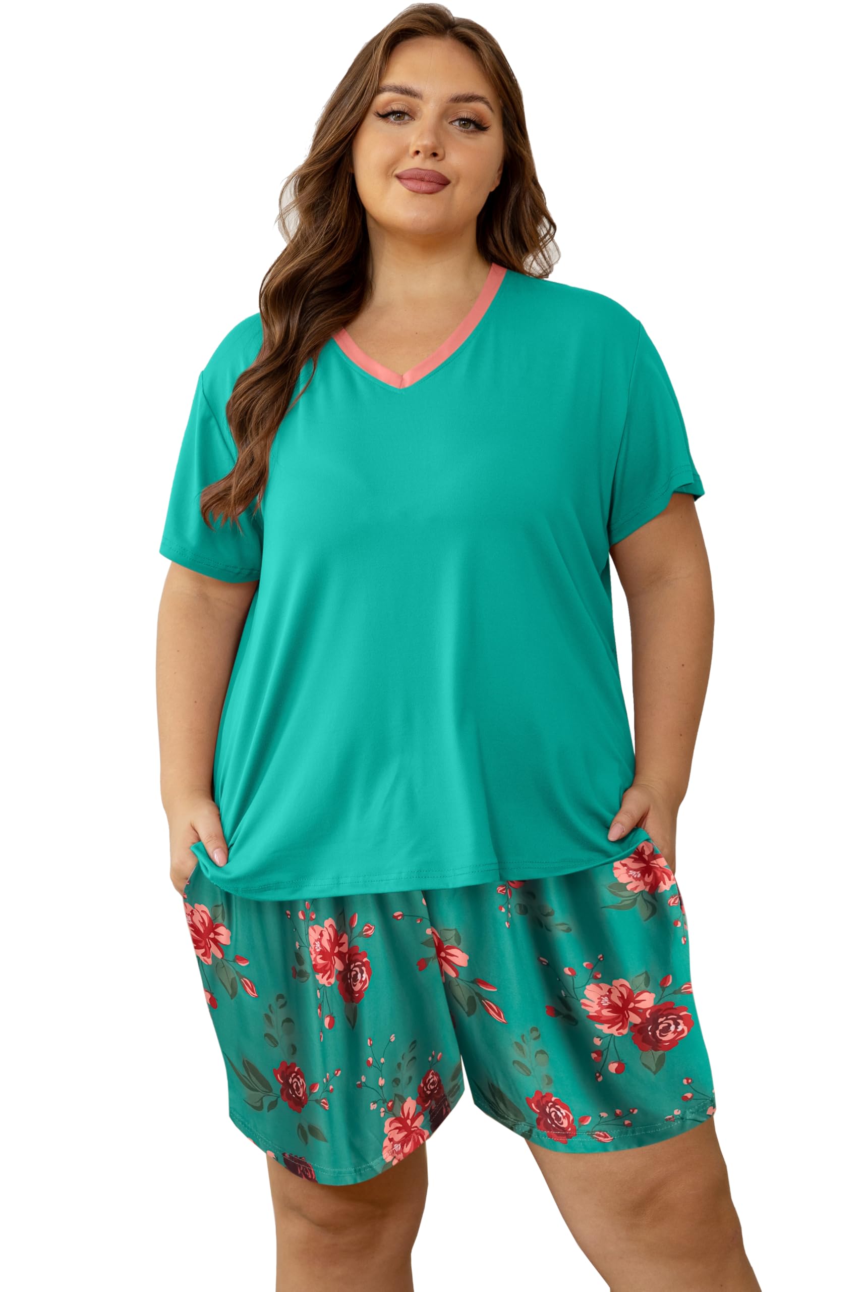 Vozanet Women's Short Sleeve Top and Shorts Pajama Sets Plus Size V Neck Colorful Flower Nighty Loungewear With TWO Pockets