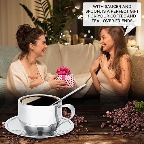 Miniatura 4 de Juego de tazas y platillos de 4 onzas, taza de café con aislamiento de doble pared de acero inoxidable con platillo y cuchara para café, café con
