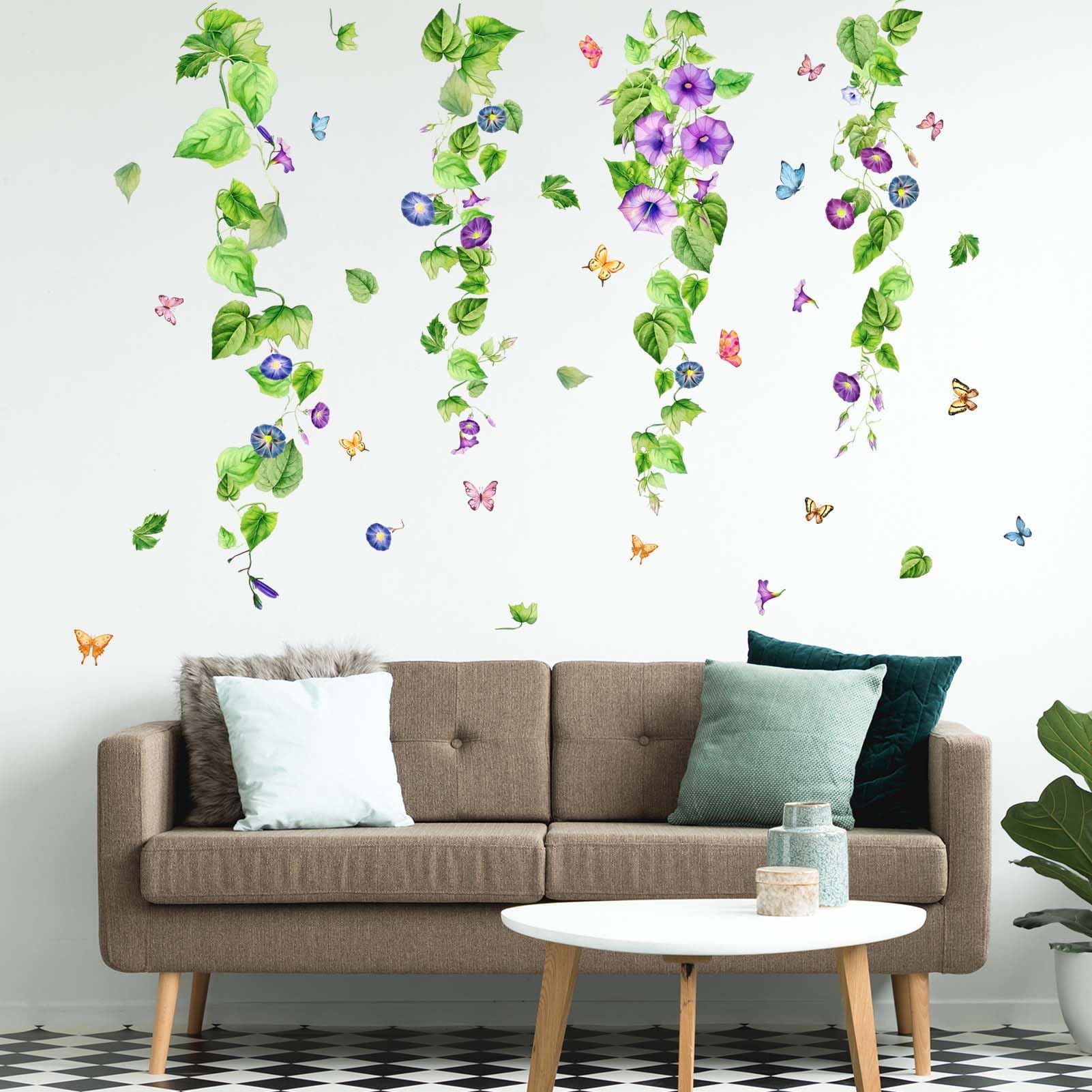 Morning Glory Hanging Vines Flowers Wall Stickers - Green Plants Leaves Floral Wall Decals - Bedroom Living Room Sofa TV Background Home Wall Decor
