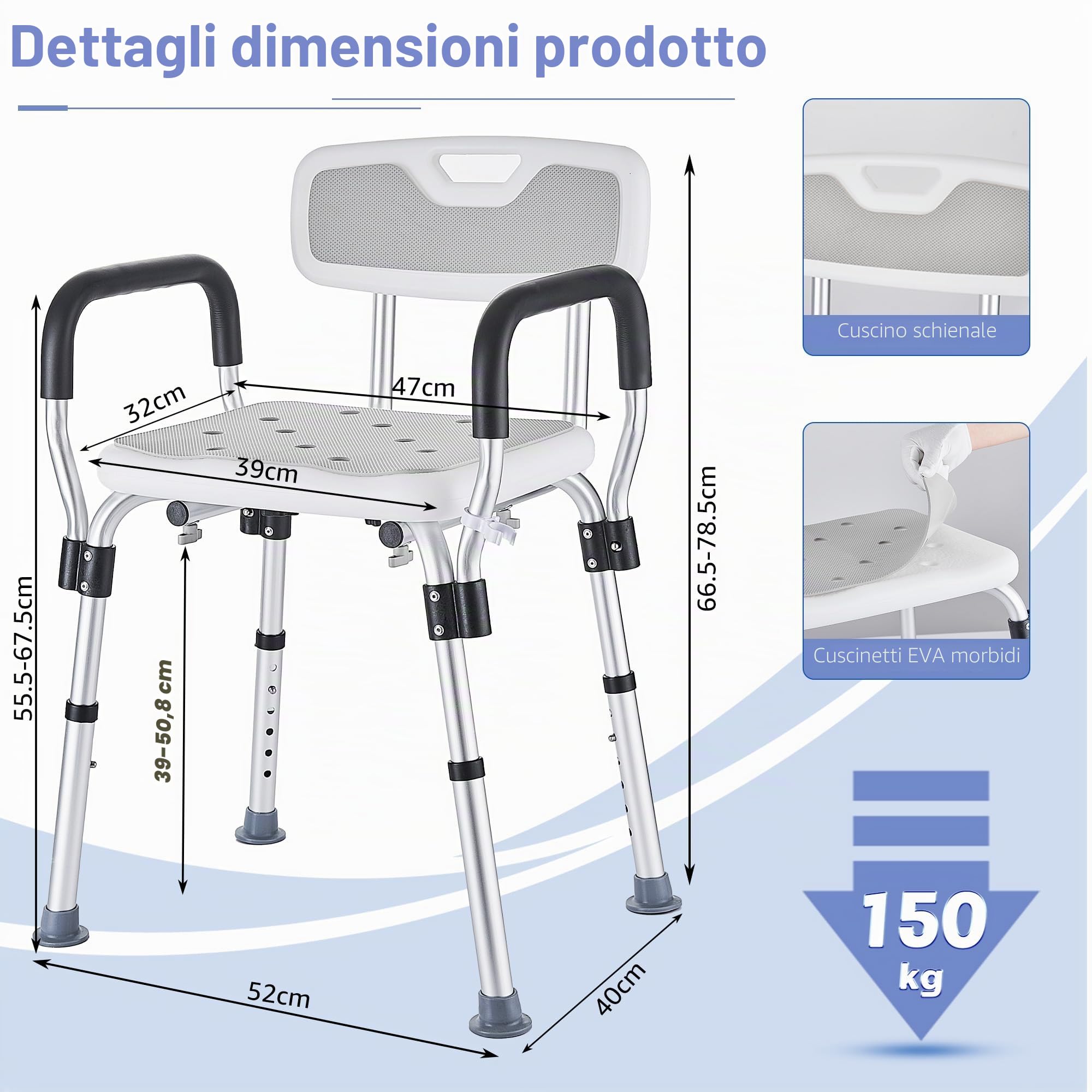 Sedia per Doccia per Anziani e Disabili, Sgabello Doccia con Braccioli e Schienale Rimovibile, Sedile per Vasca da Bagno Antiscivolo Regolabile in Altezza, portata fino a 150 Kg