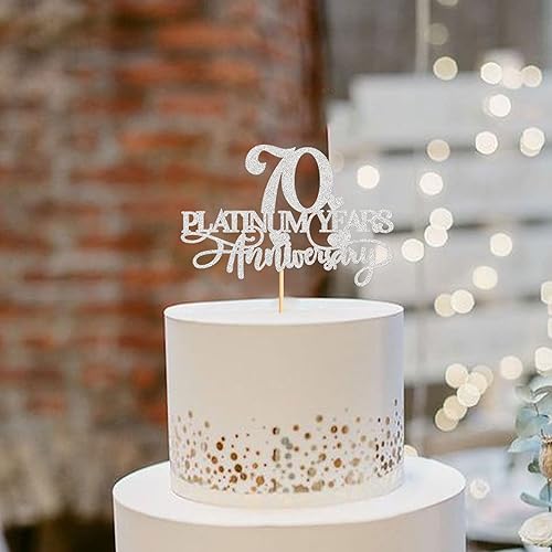 Miniatura 3 de 1 decoración de pastel de aniversario de 70 años Platlnum con purpurina plateada 70 años de platino para decoración de pastel de corazón para fiesta