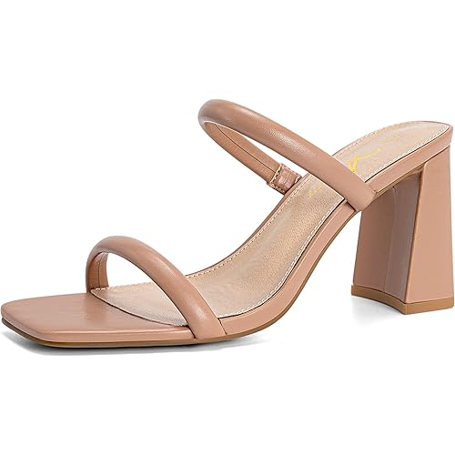 Athlefit Women's Square Open Toe Two Strap Heeled Sandals Slip On Block Chunky Heels Sandals
