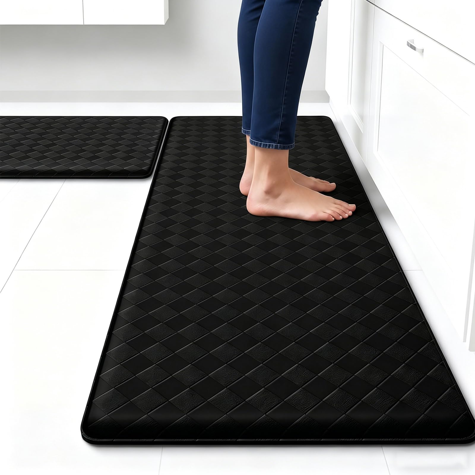Kitchen Mat,2PCS Kitchen Rugs Cushioned Anti Fatigue Soft PVC Leather Kitchen Mats for Floor,Large Waterproof & Non-slip Standing Runner For Kitchen Floor, Office, Indoor, Hallway, 44 x75cm+44 x150cm