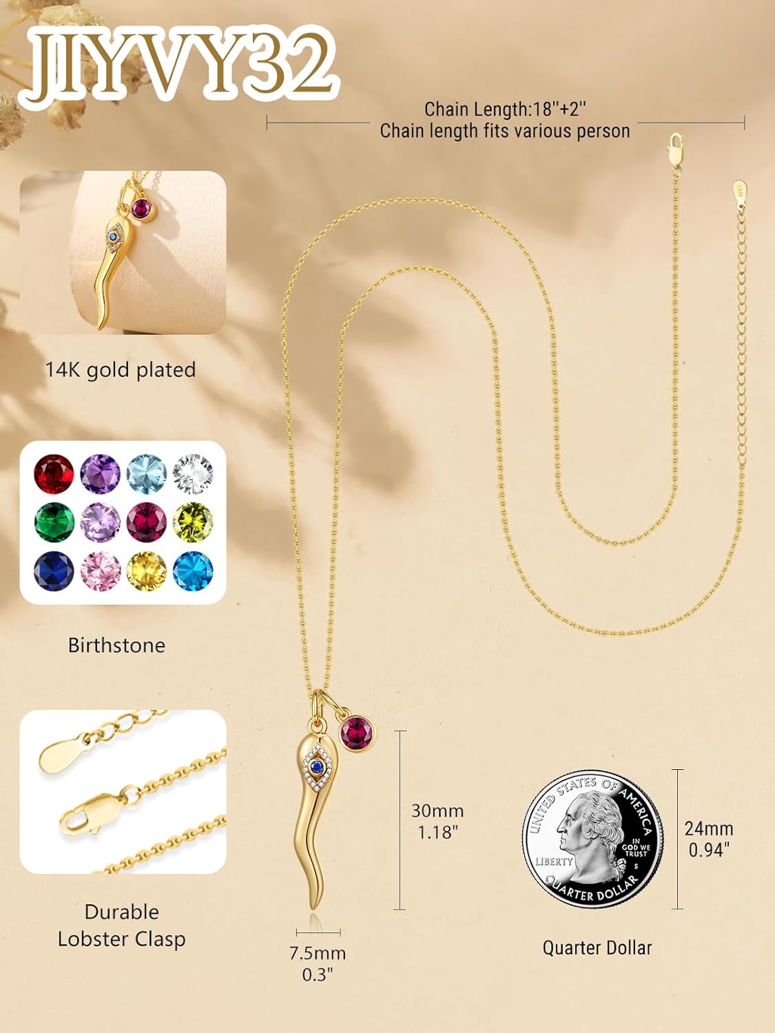 14K Gold Necklace for Women Italian Horn and Evil Eye Double Protection Talisman Good Luck Anniversary Birthday Gifts for Her