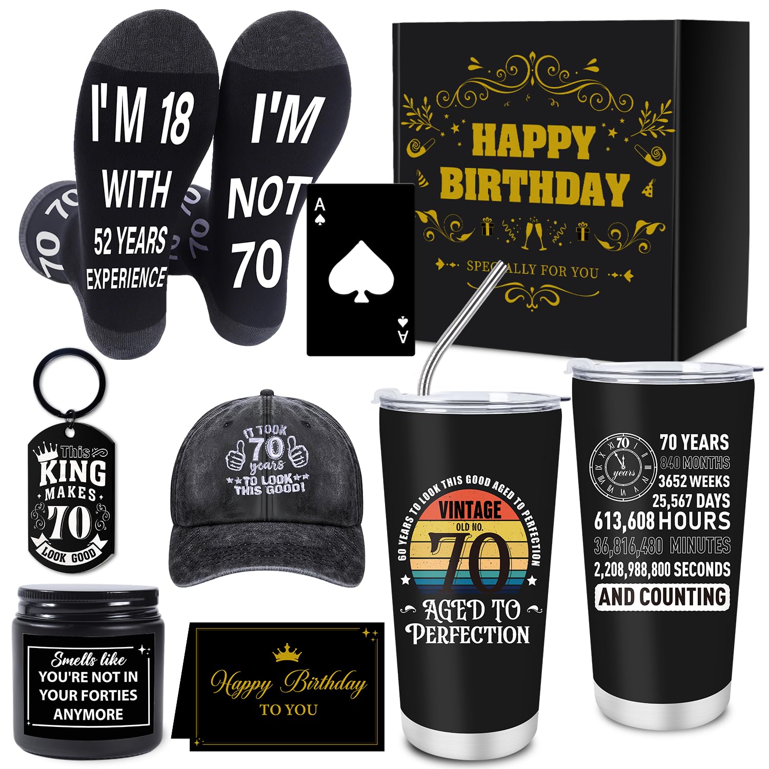 Luvart 70th Birthday Gifts for Men - 7Pcs 70 Years Old Mens Birthday Gifts Ideas, 20oz Travel Mug, Funny Socks, Baseball Cap,Keyring, Bottle Opener, Candle, 70th Presents for Dad Grandad Husband Boss