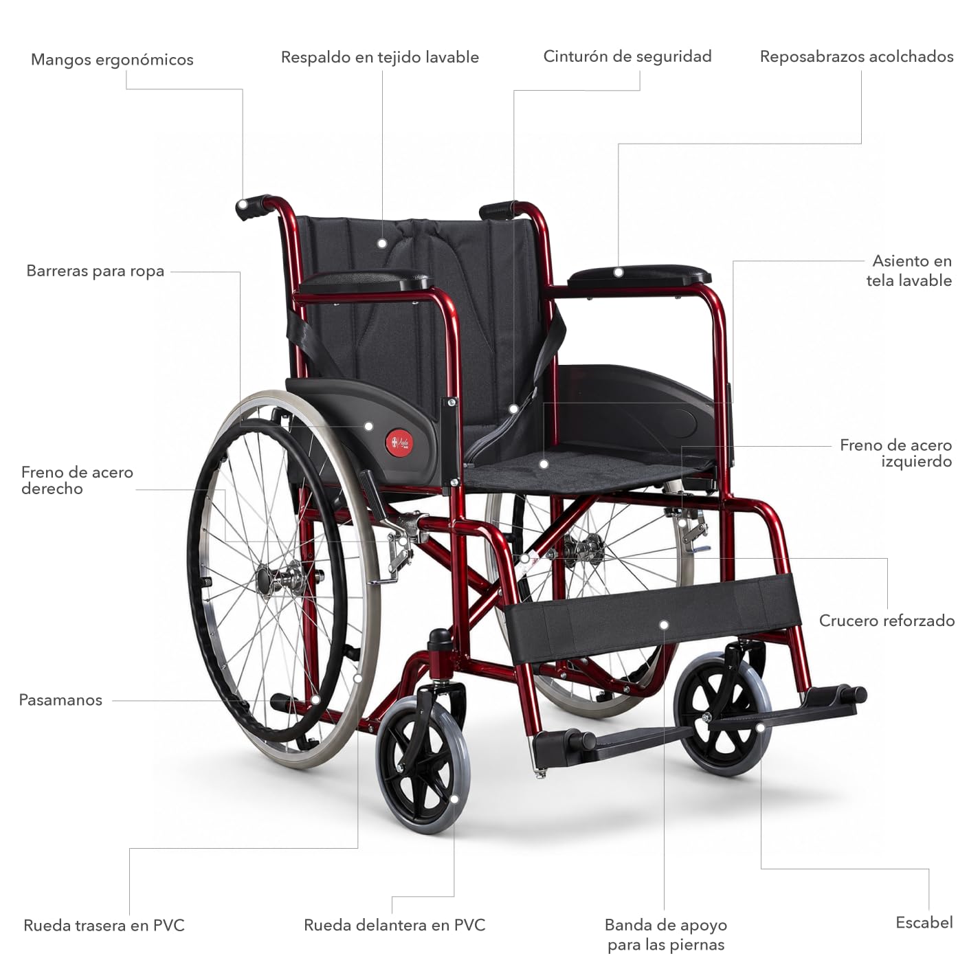 AIESI® Silla de Ruedas plegable ligera de autopropulsión para discapacitados y mayores AGILA BASIC, Reposabrazos y Reposapiés fijos, Cinturon de seguridad, Garantía de 24 meses
