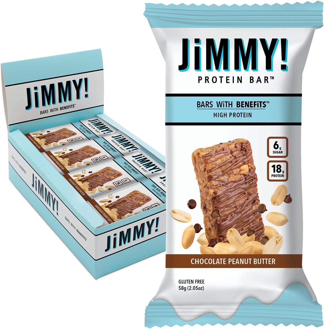 JiMMY'S! Functional Protein Bar - Chocolate Peanut Butter - 12 Count - 18g of Protein, Low Sugar, Gluten Free