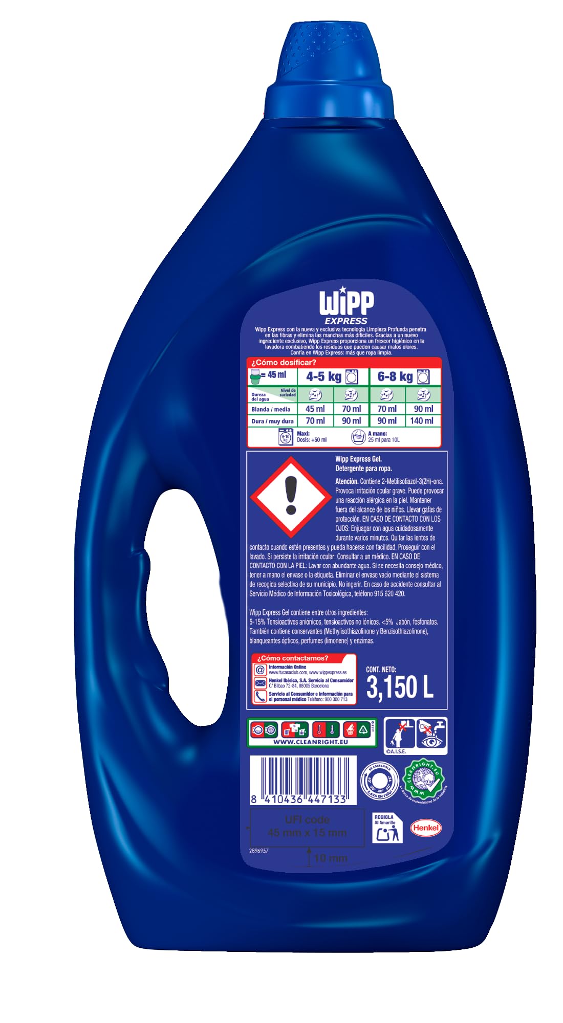 Wipp Express Limpieza Profunda Gel (3 x 3150 ml), detergente líquido con potente acción quitamanchas ropa, deja un frescor duradero en la lavadora, apto para agua fría