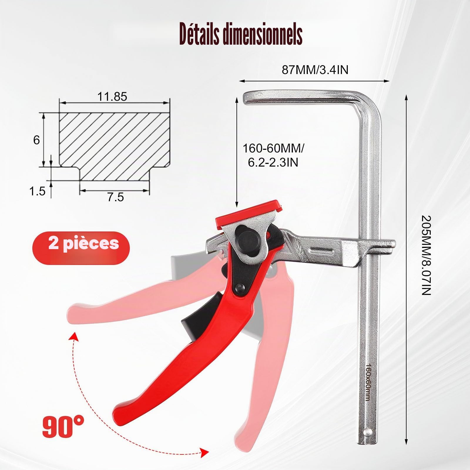 Serre Joint Rapide, 2 Pièces Serre Joint Rail de Guidage Menuisier avec Capacité de 160mm et Profondeur de Gorge de 60mm Pince de Serrage à Dégagement Rapide pour le Ponçage Meulage et la Coupe