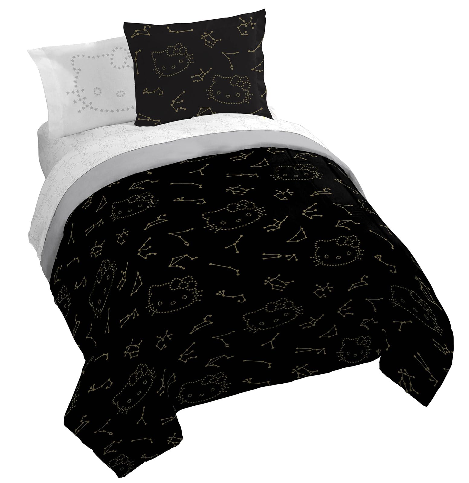 Jay Franco Hello Kitty Stars Queen Comforter Set - 7 Piece Bedding Includes Sheet Set & Pillow Covers - Super Soft Zodiac Black & Gold Bedding