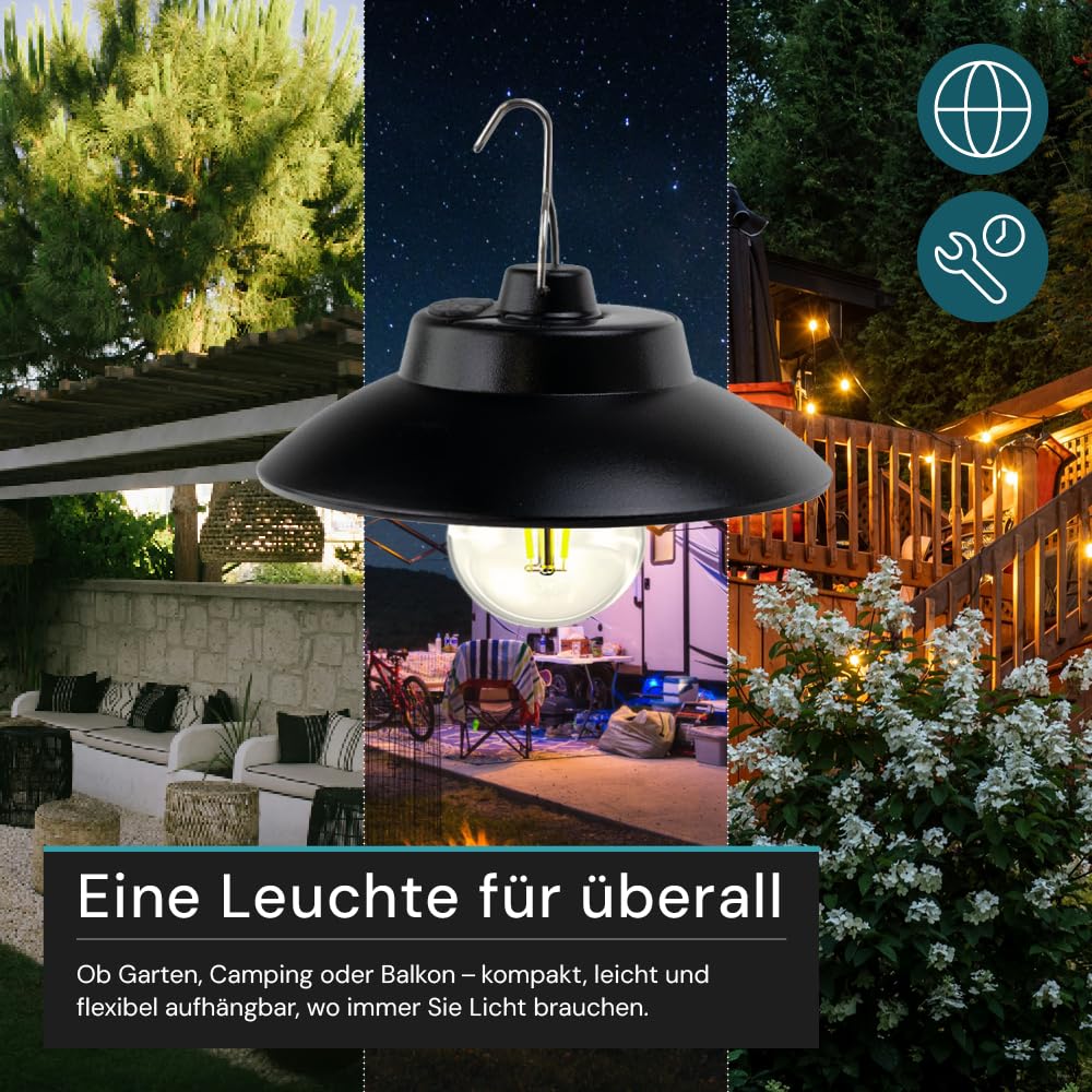 LUXULA Solar Hängeleuchte Outdoor 2 Stück - LED Solarlampe zum Aufhängen, warmweiß 3000K, 200lm, dimmbar, IP54 wetterfest, Retro Hängelampe für Garten, Terrasse, Balkon, Camping - Solar & USB-C