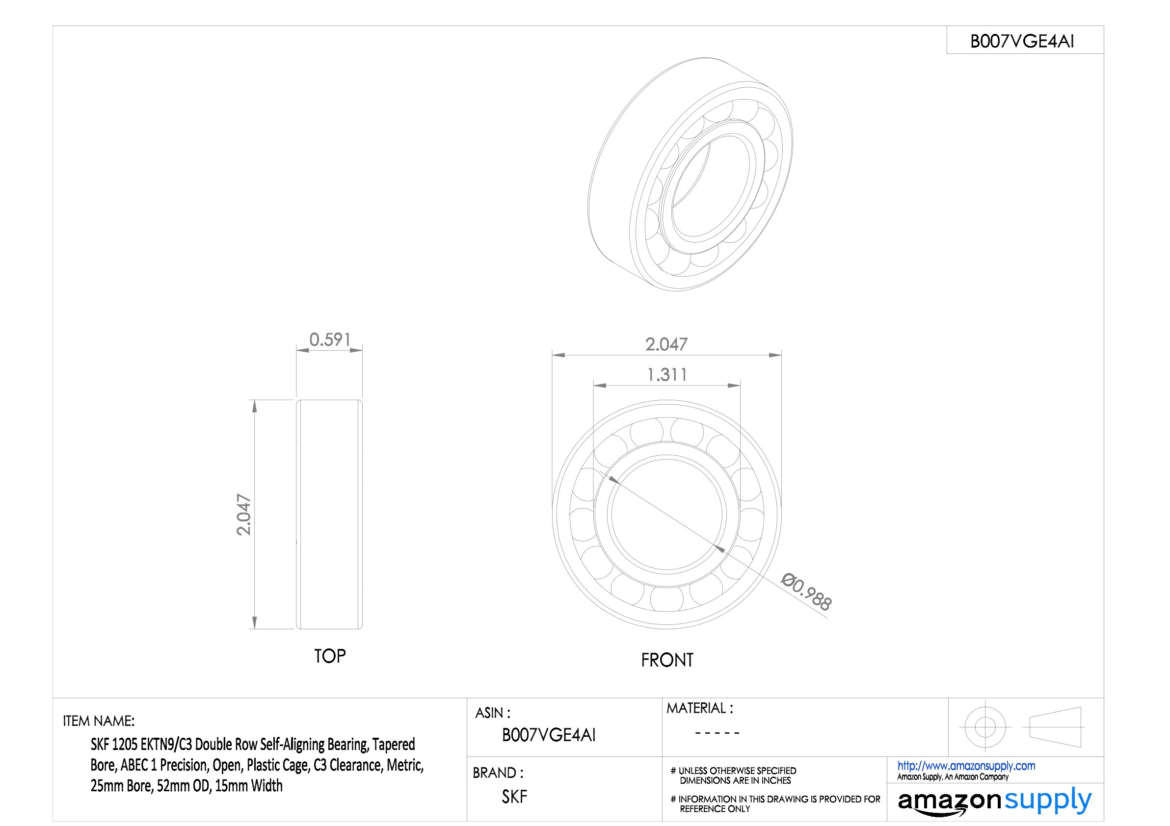 SKF 1205 EKTN9/C3 - Cuscinetto a sfera autoallineante