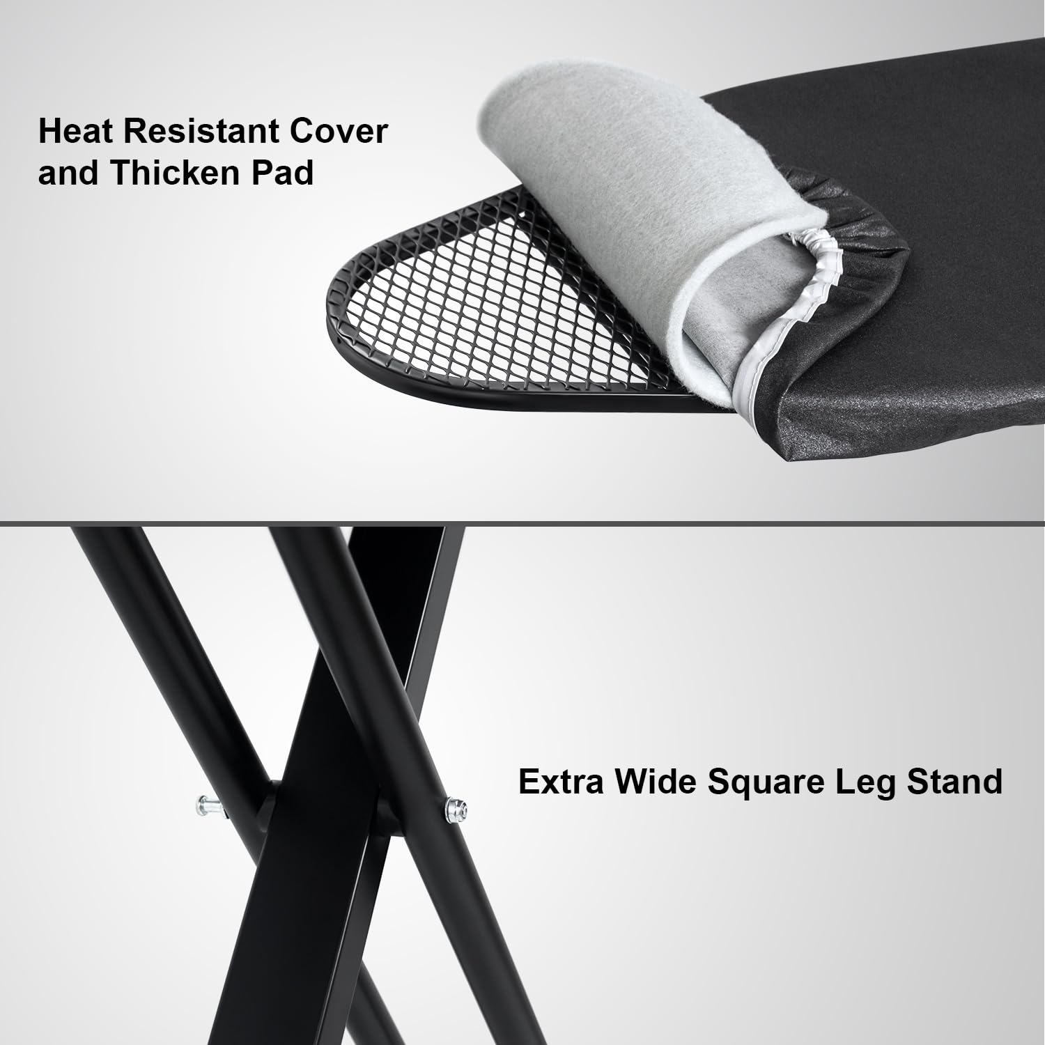 Duwee Asse da stiro extra larga deluxe con poggia ferro da stiro a vapore, copertura resistente al calore e feltrino spesso, gambe robuste e pesanti, 117 x 43 cm, Nero