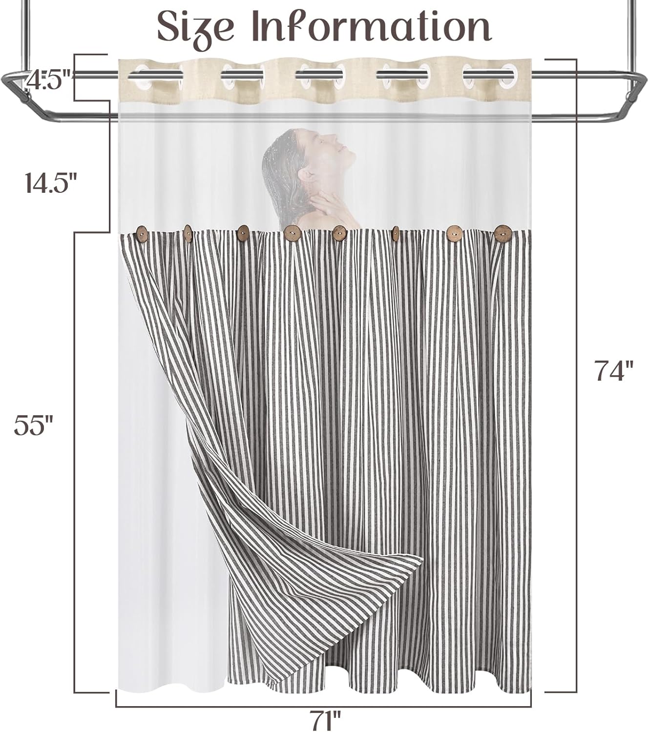 ASPMIZ Farmhouse Shower Curtain and Liner Set, No Hook Shower Curtain with Snap in Liner Fabric, Linen Washable Waterproof Bathroom Curtains with Button, Mesh Top Window, Brown Striped, 71"x 74"