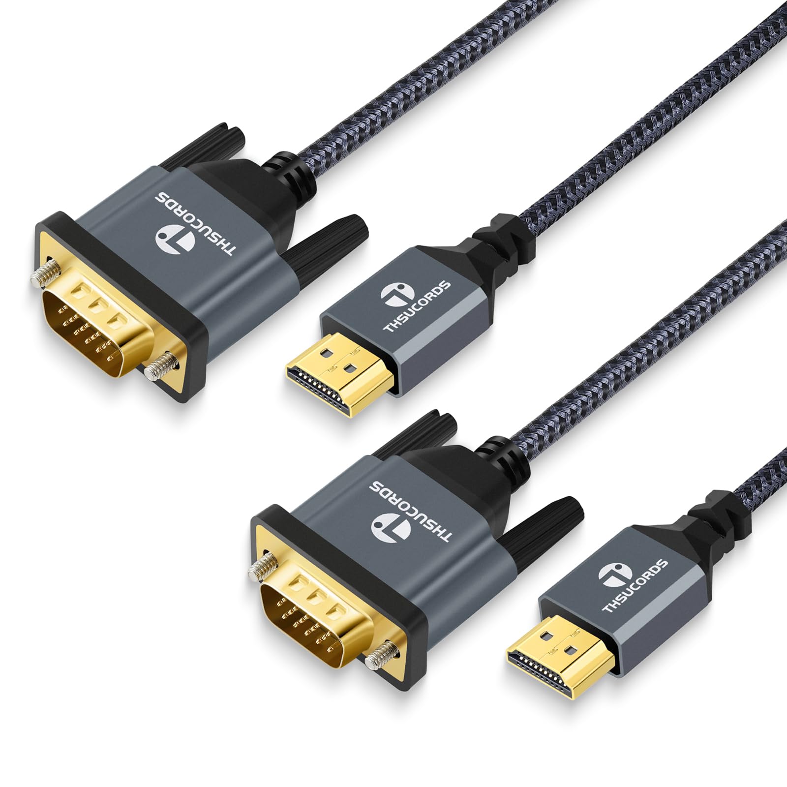 Thsucords Kabel HDMI do VGA 2M 2 Sztuki, Pozłacany Pleciony Kabel Adaptera HDMI do VGA (Męsk do Męski) do Komputera Stacjonarnego, Laptopa, Monitora, Projektora