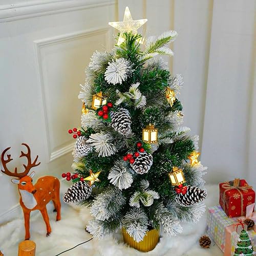 Prelit Christmas Tree 3ft | Flocked Christmas Tree Prelit with Unique Fiber Optic Lights & Decorations | Pretty Decorations and Branches | Full Lush Realistic - Add Classic Touch to Holiday