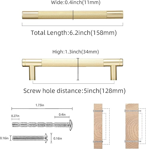 Miniatura 2 de COTYKILEY Paquete de 10 manijas de gabinete de latón cepillado de 5 pulgadas (5.039 in) con moleteado dorado para gabinetes de cocina, manijas de