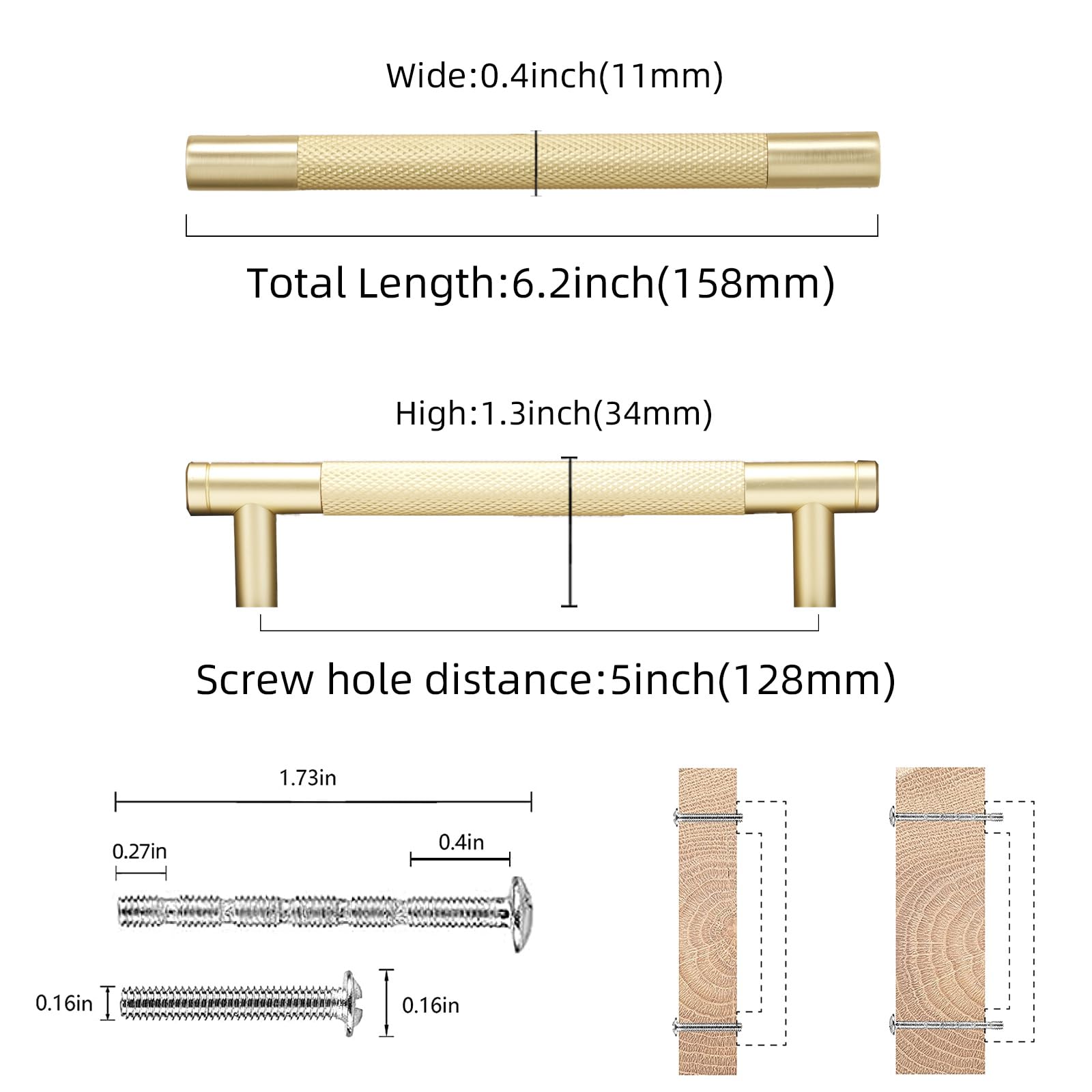COTYKILEY 10 Pack 5 Inch(128mm) Brushed Brass Gold Knurled Kitchen Cabinet Pulls, 5" Hole Center(128MM) - Image 2