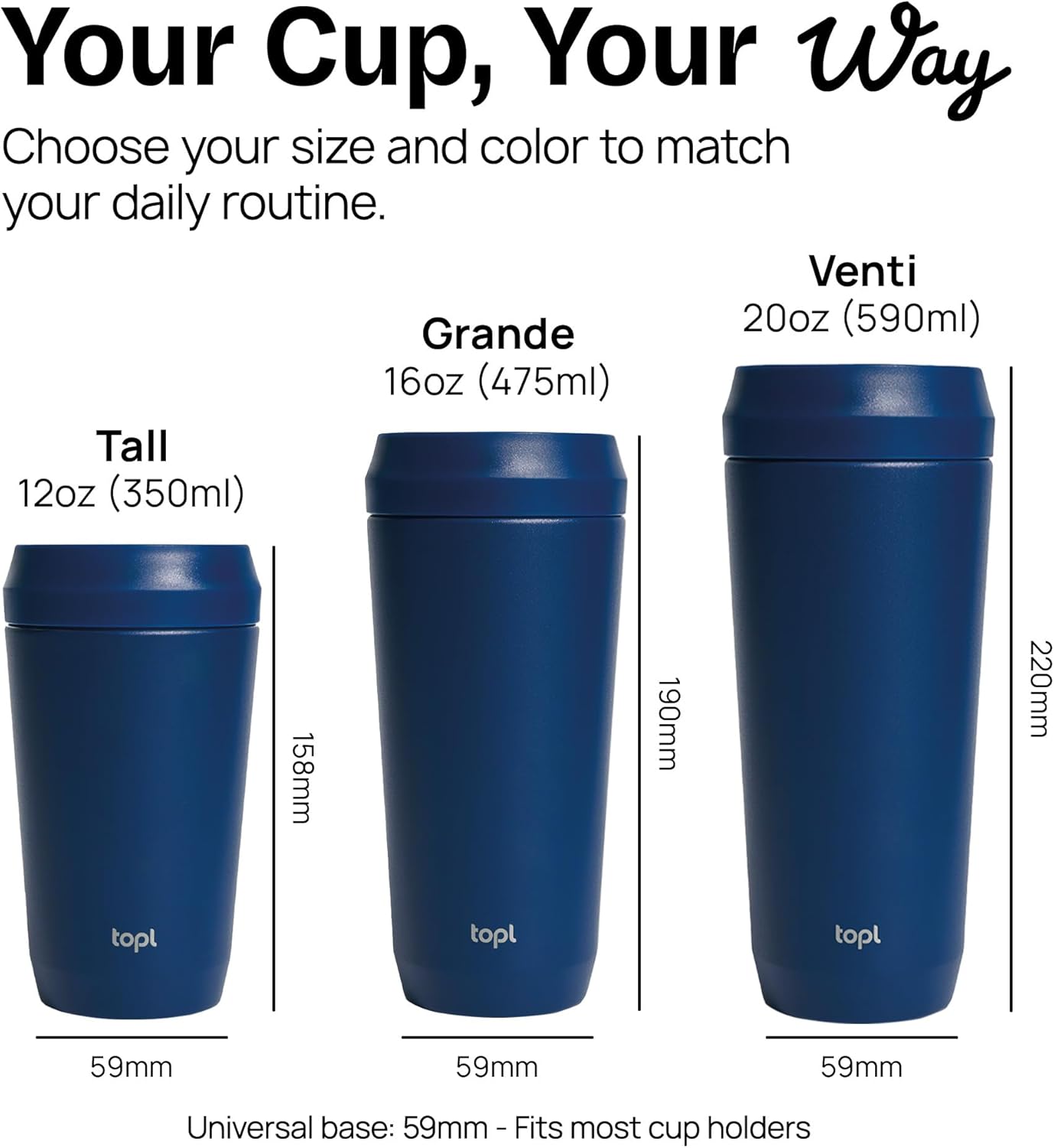 TOPL To Go Coffee Cup – Insulated Travel Coffee Mug with 360° Leak‑Safe Lid, Stainless Steel Coffee Tumbler for Hot/Cold, Spill‑Resistant, BPA‑Free - Navy, 20 oz