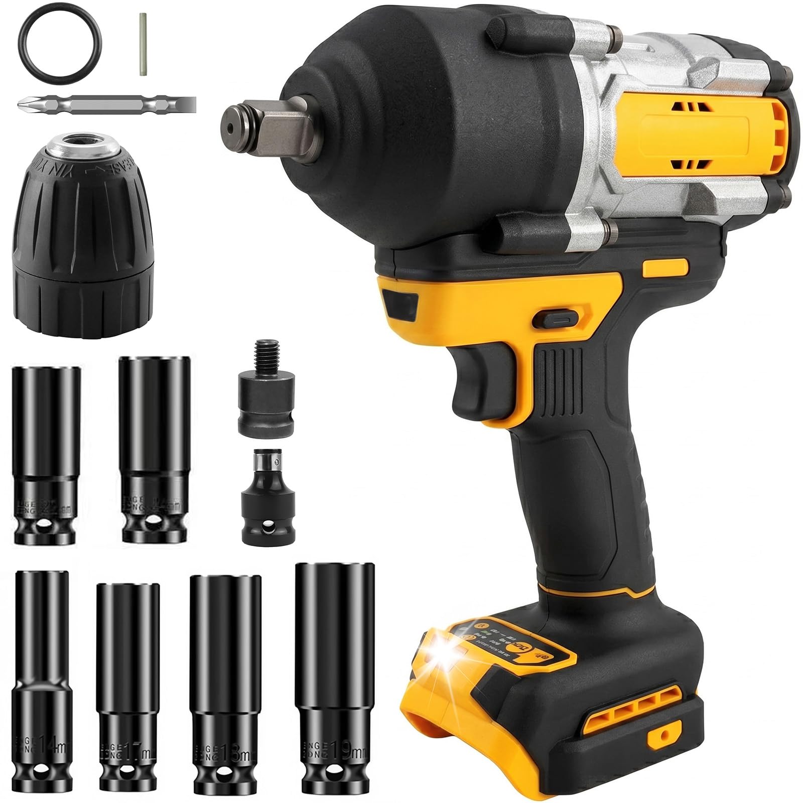 1500Nm Cordless Impact Wrench Compatible with DeWalt 20V/18V Battery – 3-Speed 1/2" Brushless Impact Gun with 6 Sockets, Impact Driver for Automotive Repair, Tire Change & Construction (No Battery)