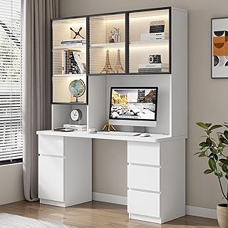 FAANAS Home Office Desk with Drawers, Computer Desk with Glass Door, Modern Study Desk, Compact Office Table & Workplace 100 cm, White