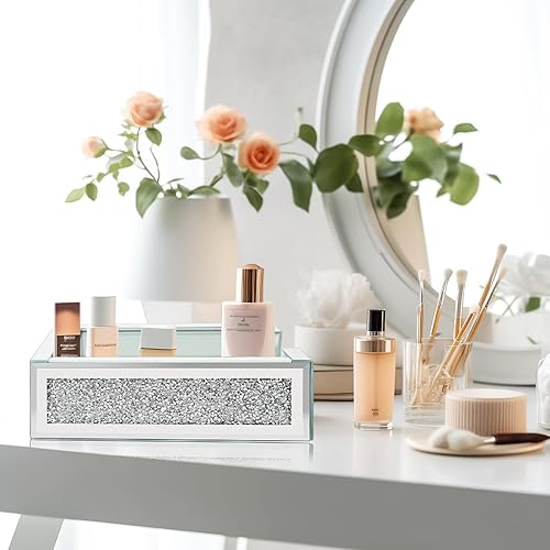 Miniatura 6 de Bandeja de perfume plateada, bandeja de espejo de diamante, organizador de joyas moderno de sensación premium, adecuado para encimera de baño,