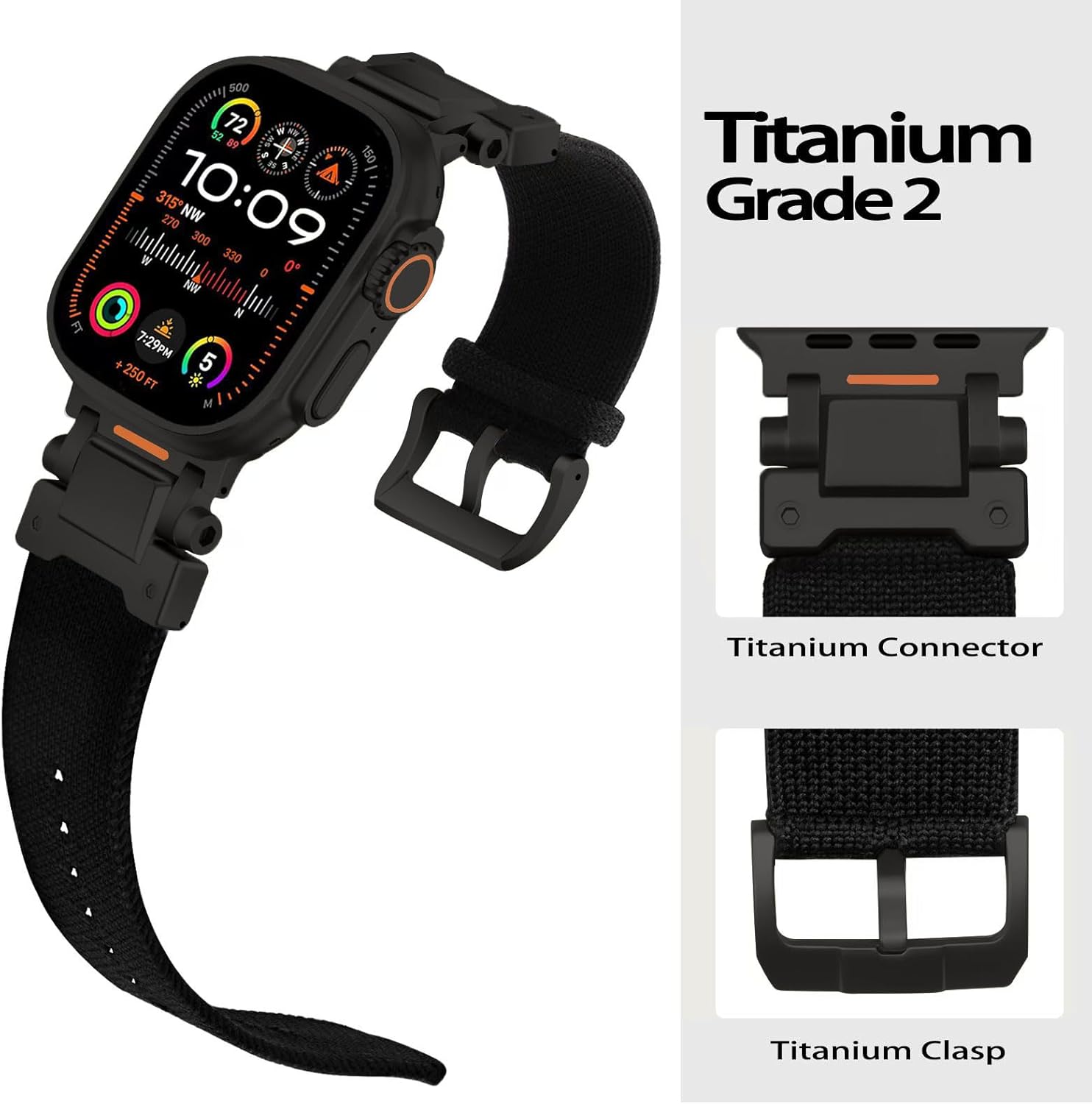 ACESTAR Titanium Clasp Titanium Connectors Tricot Band Compatible with Apple Watch Ultra 2 / Ultra 49mm / Series 10 46mm, DLC Coating Ti Trail Series 39g 26mm Wide Knitted Textile Band