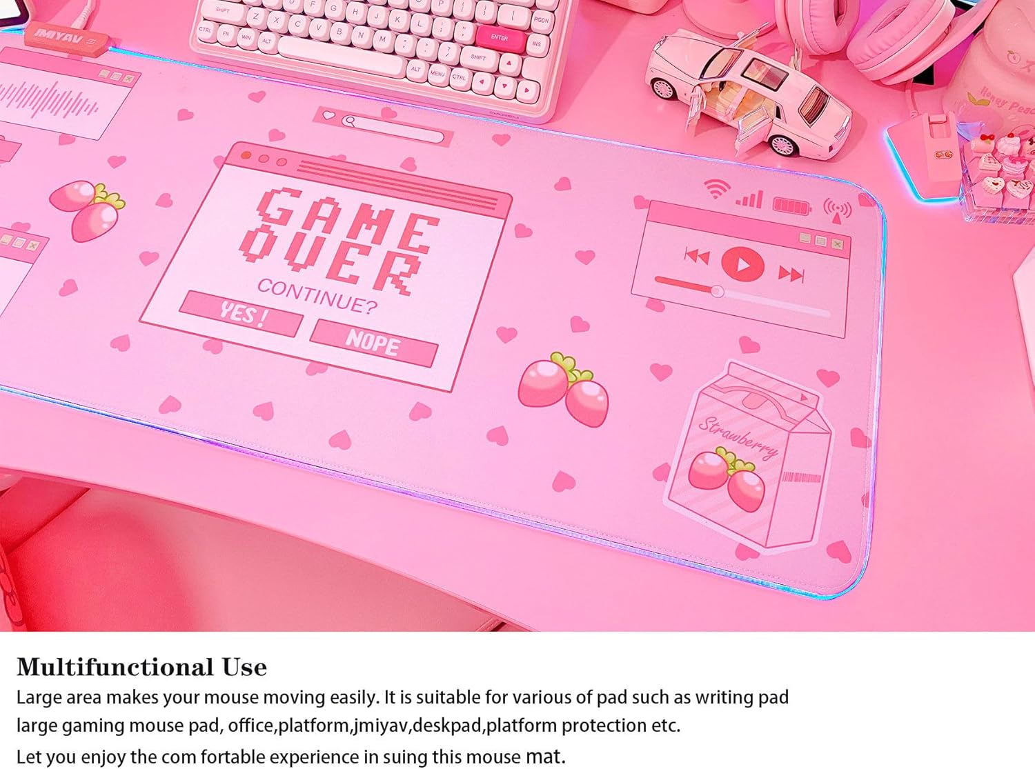 JMIYAV Pink RGB Gaming Mouse Pad 31.5x12 Inch PC XL Large Extended Glowing Led Light Up Desk Pad Non-Slip Rubber Base Computer Mouse Pad Cute Mousepad Mat - Image 6