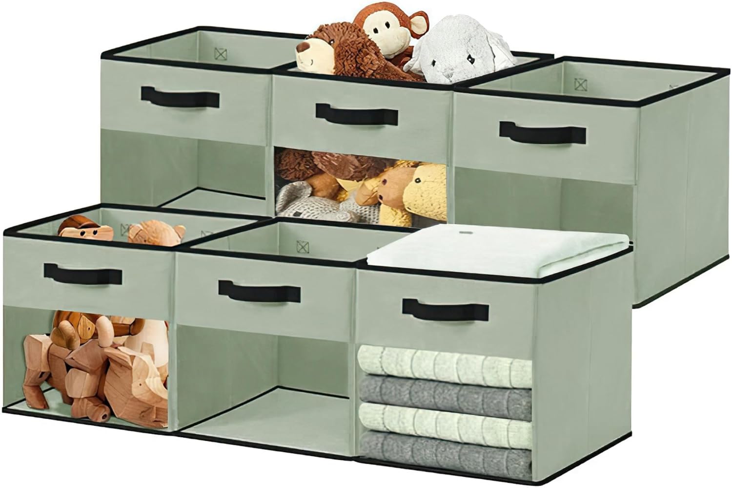 DECOMOMO Storage Bins, Cube Storage Bin with Window, Fabric Storage Cubes for Shelves (11" / 6pcs, Green)