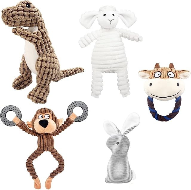 KONKY Squeaky Dog Toy Set, 5 Packs Durable Dog Plush Toys Chew Toys Dog Companion, Various Animals Shapes Training Toy for Puppy Small Medium Large Dogs (Dinosaur, Monkey, Sheep, Rabbit and Bull)