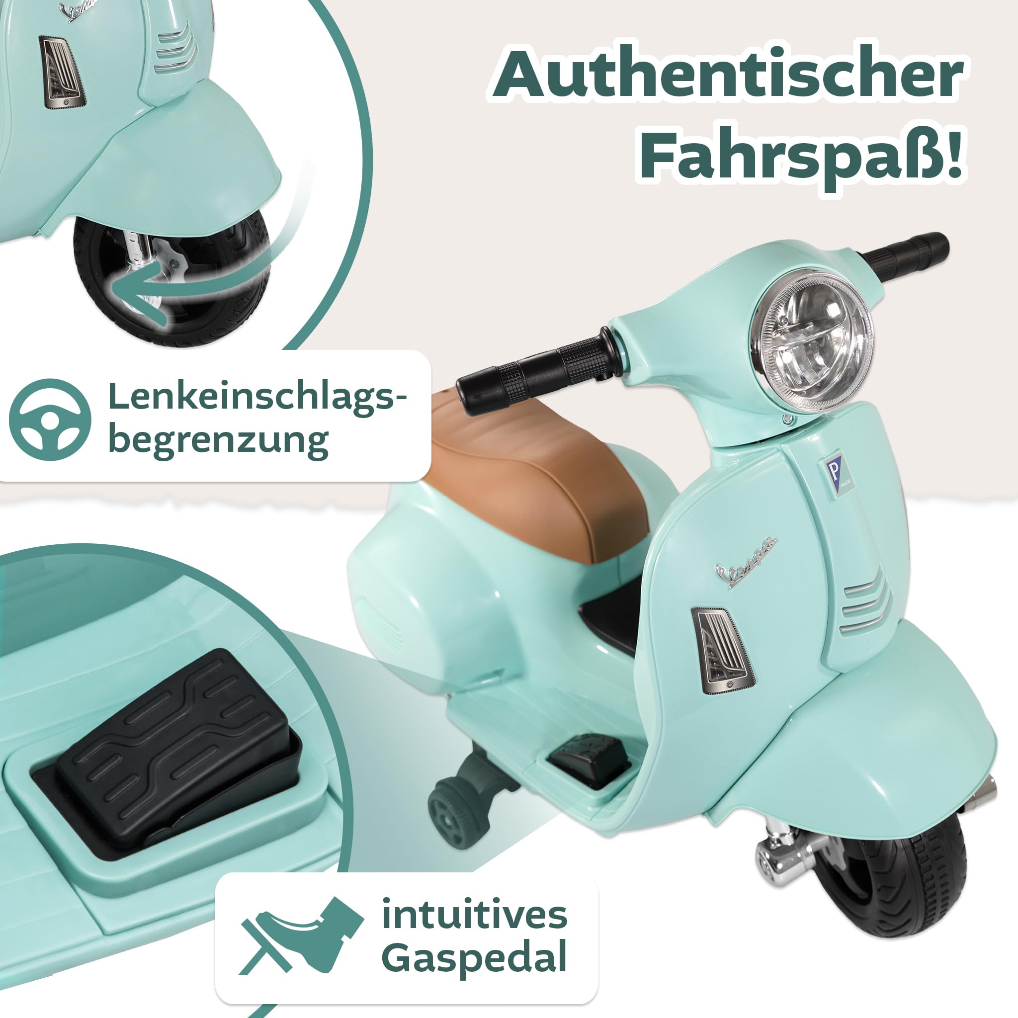 LEMODO Elektrofahrzeug Vespa in grün, Kinder Motorrad ab 18 Monate, Elektromotorrad mit Licht und Sound, Kinderroller mit abnehmbaren Stützrädern, Lizenziertes Kinderfahrzeug
