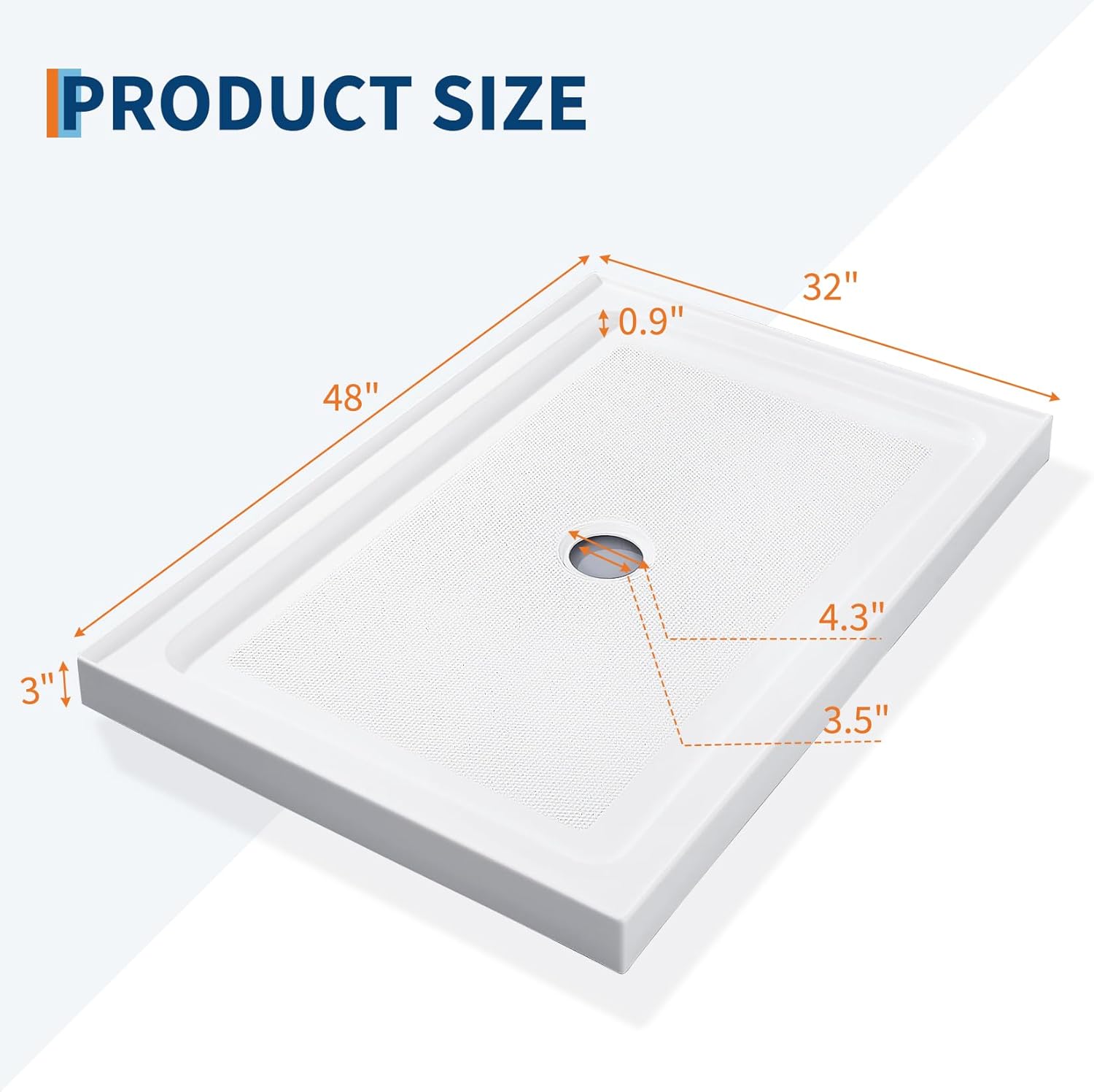 Diagram showing dimensions of the 32x48 inch shower base