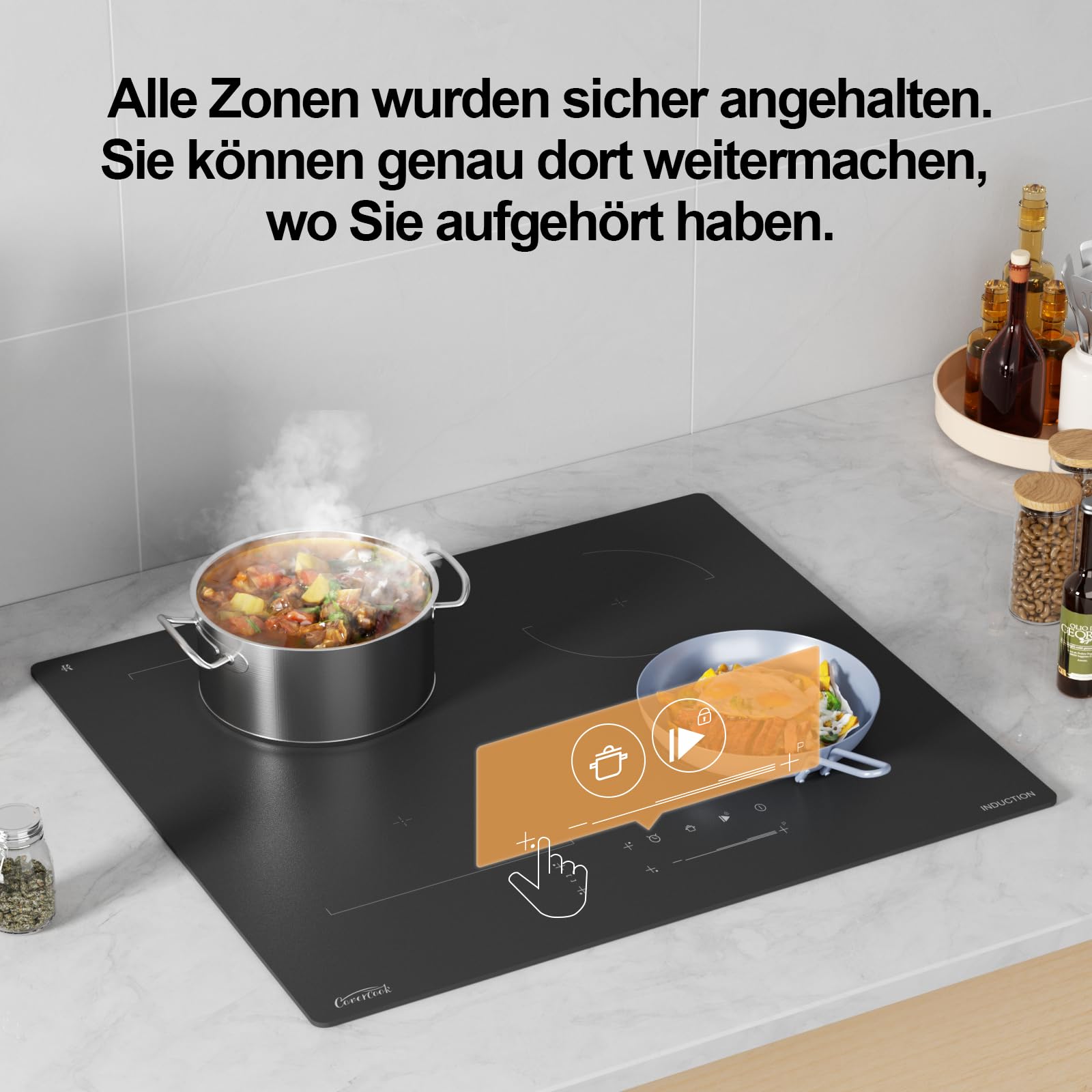 Induktionskochfeld, 60 cm, Glaskeramik, Schwarz, 4 Kochzonen, Touch Control, 7000W, Eingebaut, Timer, Warmhaltefunktion, Brückenzone, Kratzfestes Glas