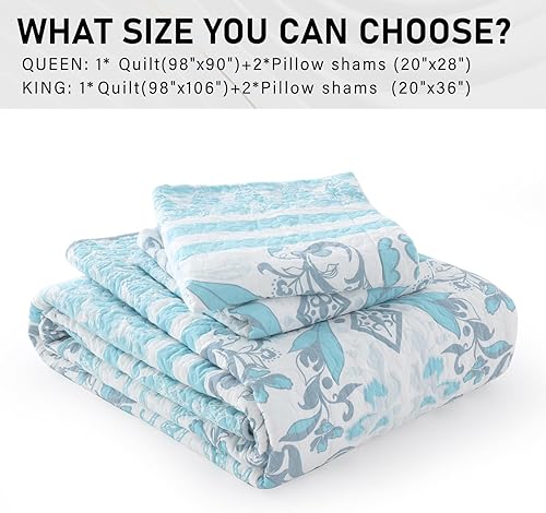 Miniatura 5 de PERHOM Juego de edredón de tamaño Queen 100% algodón, tamaño Queen, color azul y gris, diseño de retazos de rayas florales, bohemio, ligero, juego