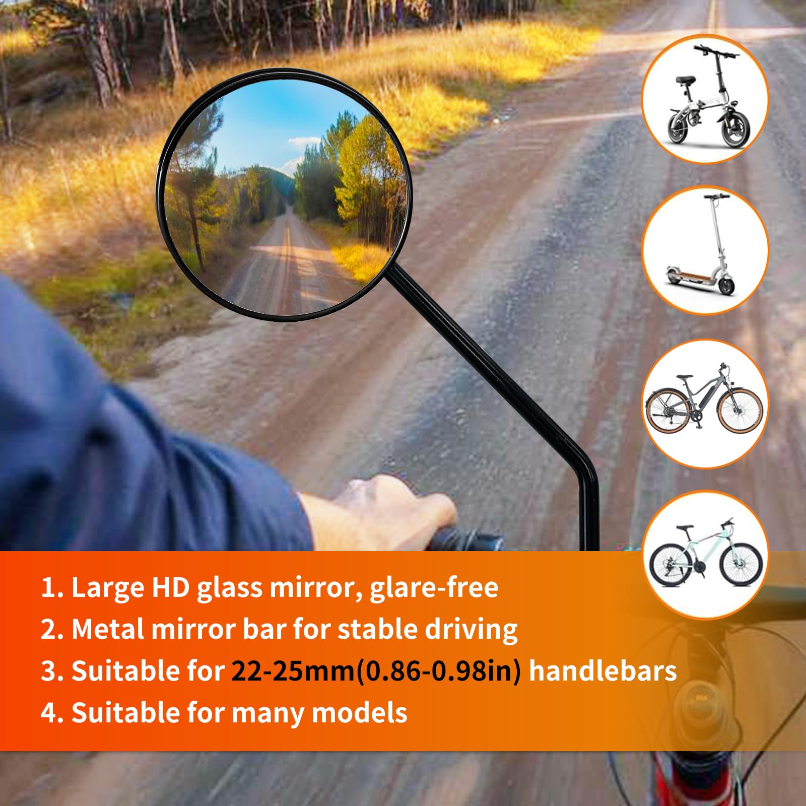 Bike Mirrors for E-bikes, Bicycle Rear View Mirror, HD Glass Mountain Bike Rear View Mirrors, Universal Bicycle Mirrors for Handlebars 0.87-0.98 inch (22-25 mm)