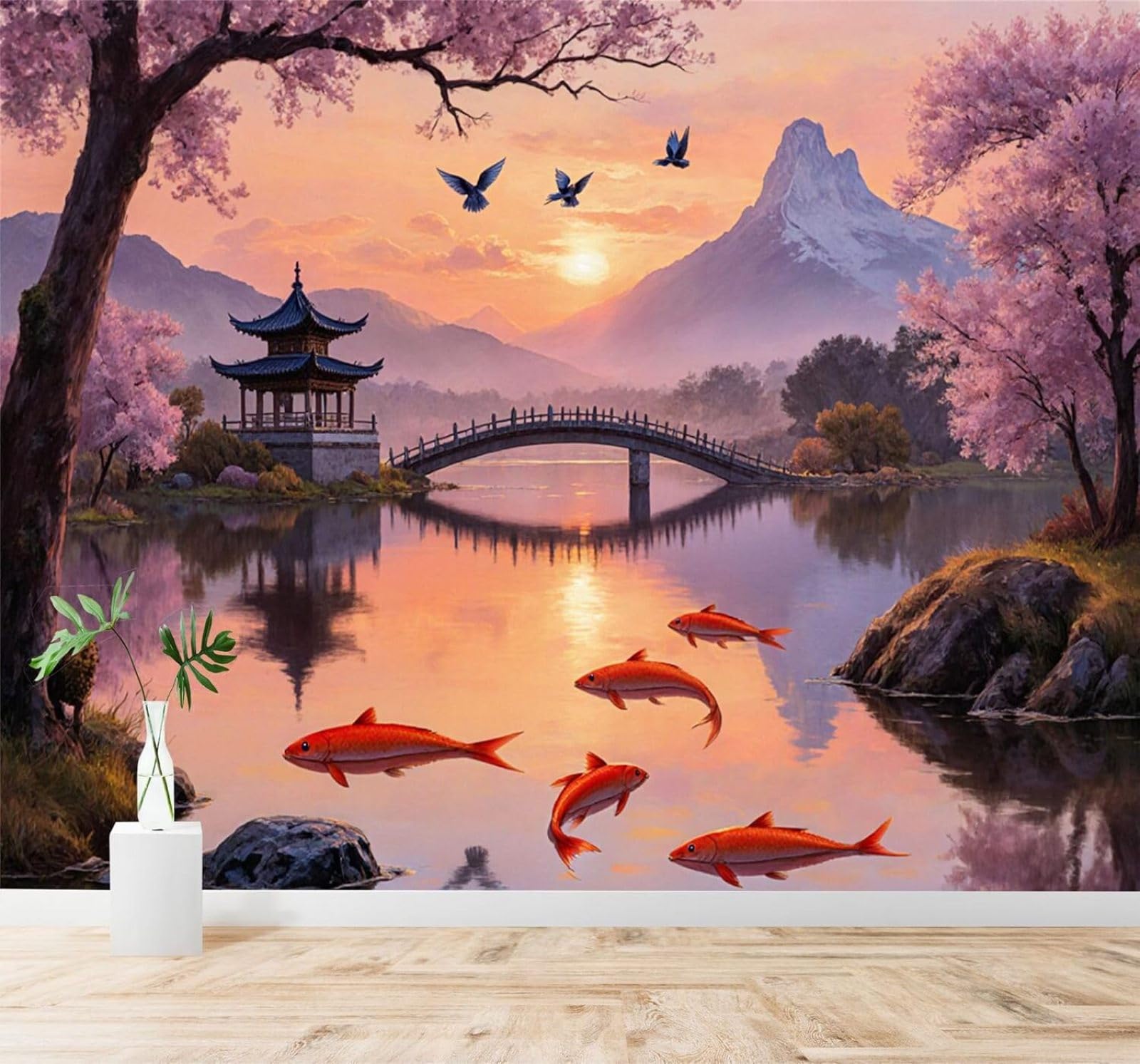 XLMING Cherry Blossoms Pagoda Bridge Sunset Red Koi 3D Wallpaper Premium Textured Silk Study Dining Living Room Bedroom Sofa TV Wall Easy Install-200cm×140cm