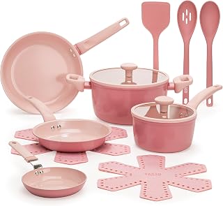 Tasty Ceramic Cookware Set, Healthy Nonstick Pots and Pans Set, Made without PFAS, PFOA, PFOS and PTFE, Even Heating, Silicone Rim Glass Lids, Silicone Tools, Dishwasher Safe, 12-Piece, Pink