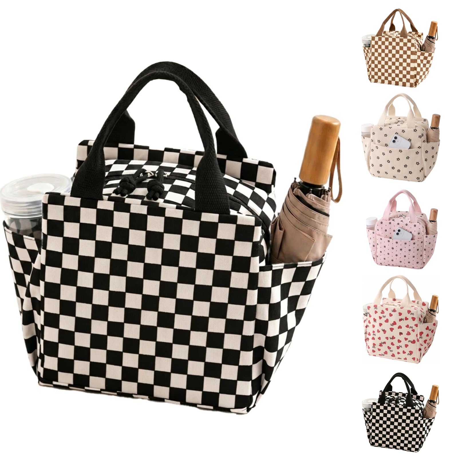 Arae Corduroy Insulated Lunch Bag Large Reusable Tote with Side Pockets Cooler Box for Work Picnic Travel Water Bottle Holder Collapsible Portable - Black White Checkered — image 1