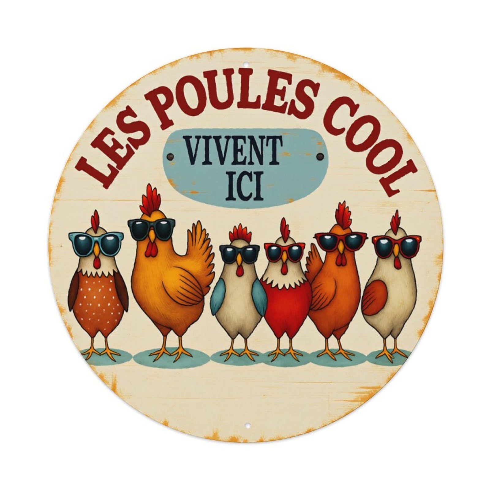 Ldfuieksufg Style Funny Cool Chicken French Vintage Round Metal Sign Vintage Aluminium Metal Sign, Retro Wall Decor For Home, Bar, Garage & Farmhouse 20X20cm