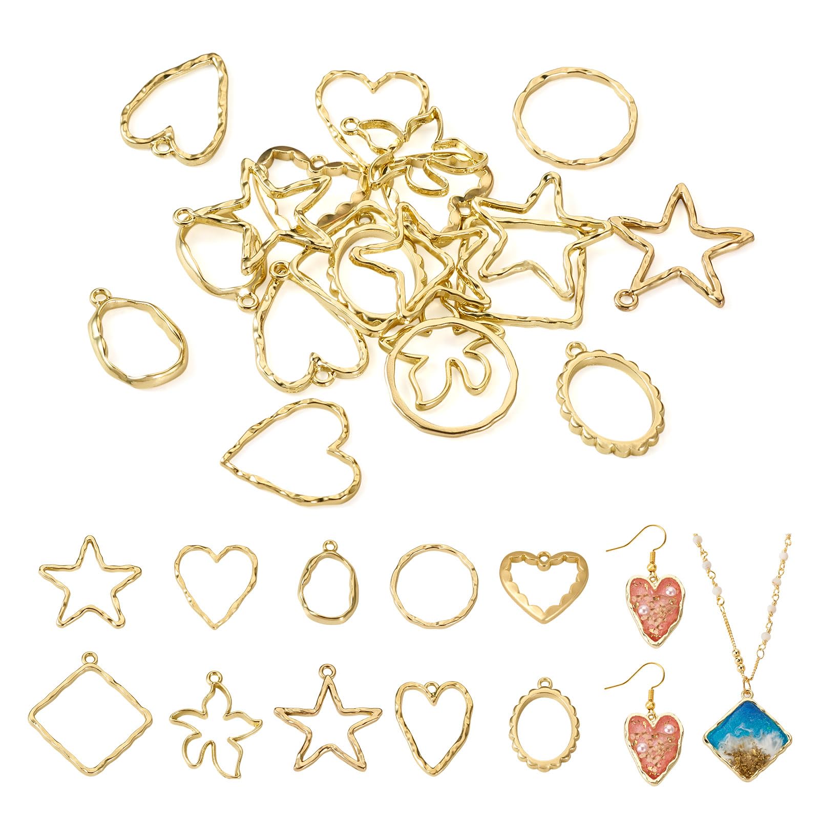 Bestewelry 20Pcs Alloy Open Back Bezel Pendants 10 Styles Light Gold Hollow Star Heart Oval Frame Linking Rings Charms for DIY UV Resin Pressed Flower Jewelry Making