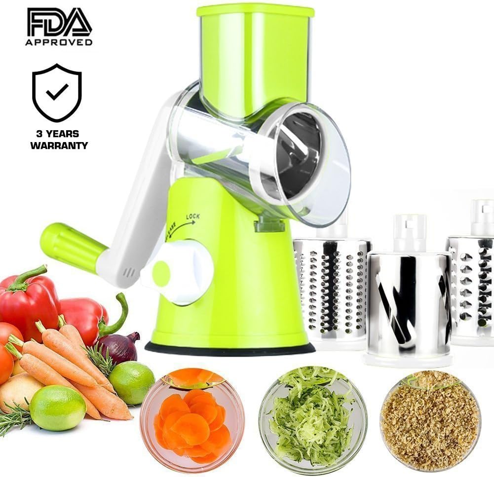 Manual Hand Speedy Mandoline Slicer Pasta Salad Maker Vegetable Fruit Cutter Rotating Drum Cheese Grater Potato Tomato Food Slicer with 3 Round Stainless Steel Blades Green