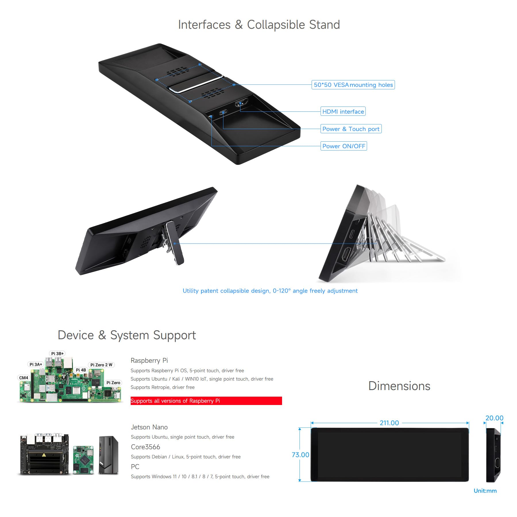 Waveshare 7.9inch IPS Touch Screen, 400 x 1280 Pixel, Toughened Glass Panel, HDMI Interface, with Hi-Fi Speaker, Collapsible Stand & Metal Case, Compatible with Raspberry Pi/Jetson Nano/Core3566/PC
