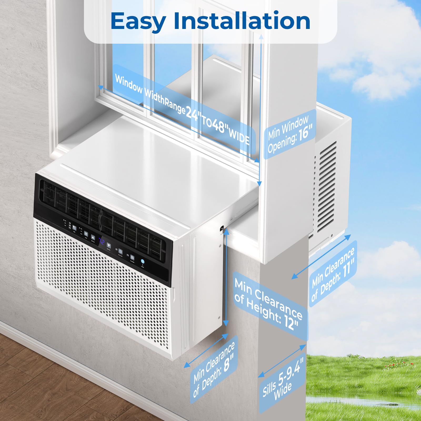 Electactic Aire acondicionado de ventana en forma de U, 12000 BTU, enfriamiento de unidad de ventana de CA de 550 m², aire acondicionado de ahorro de energía con vista de ventana completa, 6 modos
