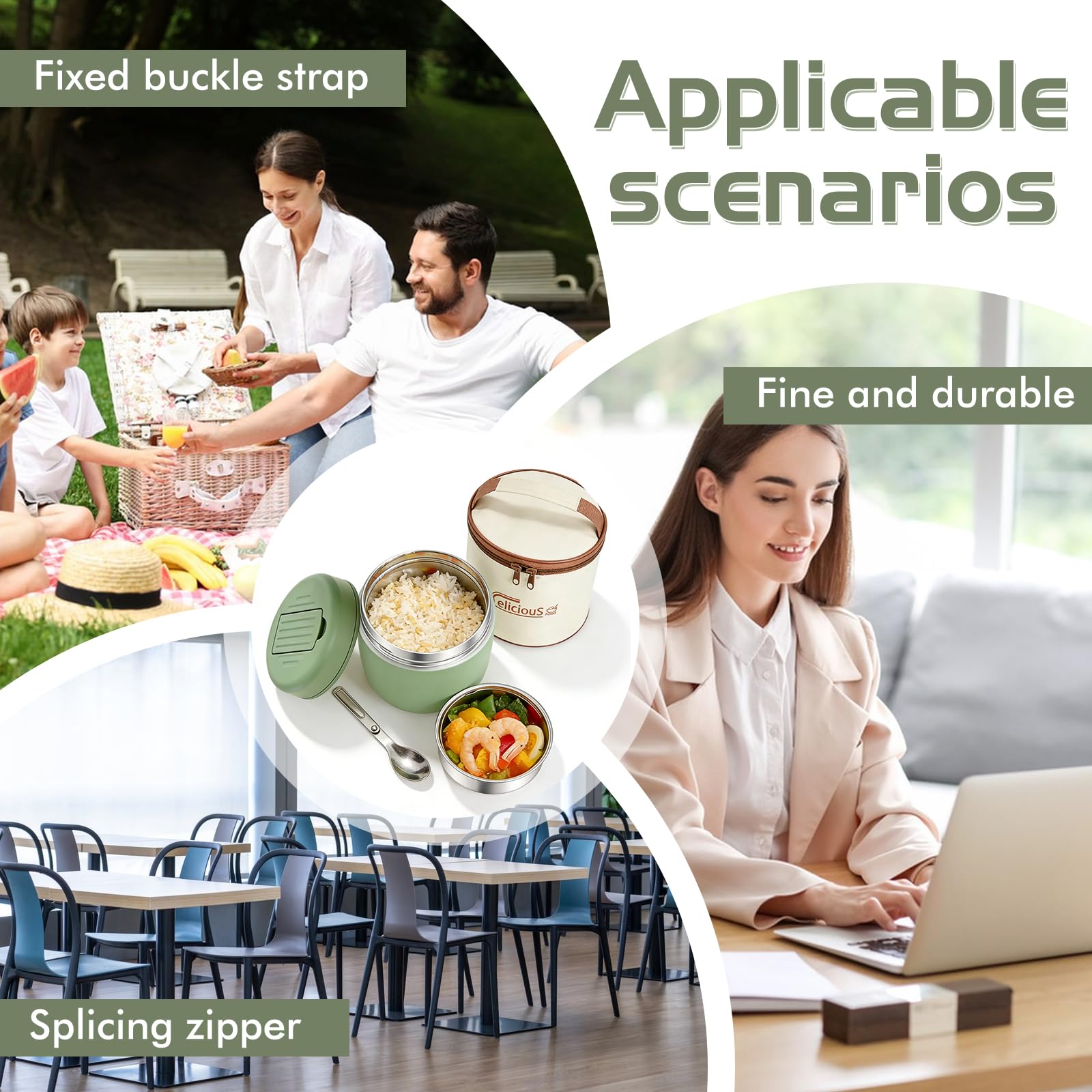 Contenitore termico per alimenti, 1200 ml: contenitore termico a doppia parete, in acciaio inox, a prova di perdite, con coperchio, termico, per ufficio, scuola, attività all'aperto (verde