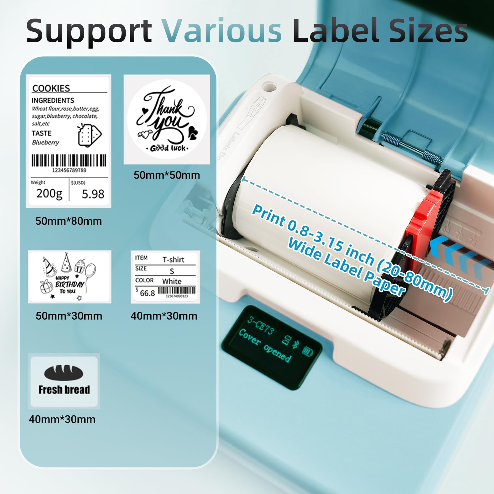 ORGSTA T003 Stampante Etichettatrice Etichette Termica Adesive Bluetooth & USB 2200 mAh 50mm/s 20-80 mm Portatile Label Printer per Negozio Personalizzate Prezzatrice Barattoli