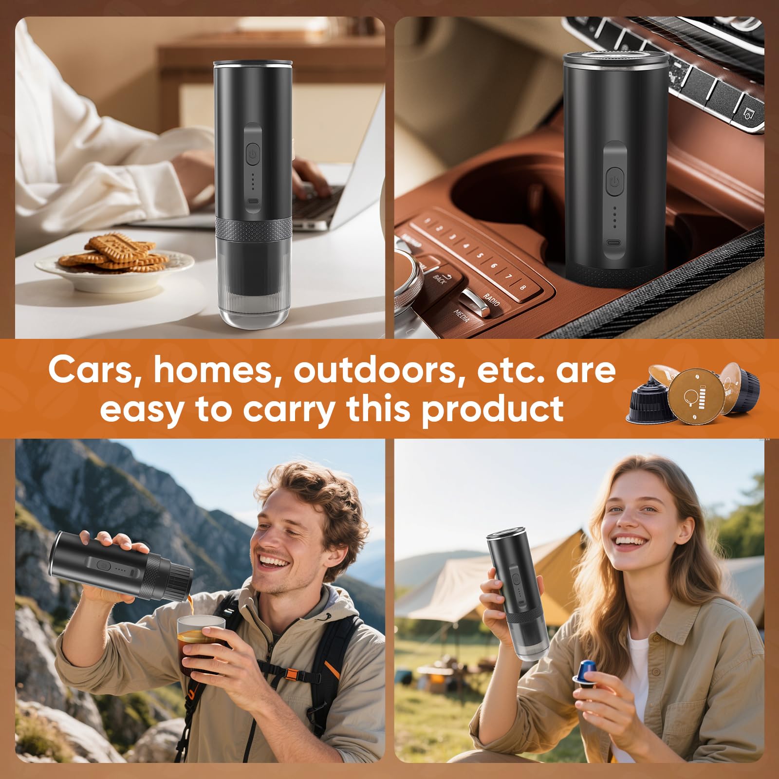 3 En 1 Tragbare Kaffeemaschine Kapseln, Mini Espressomaschine Klein mit 20BAR Pumpdruck, Reise Kaffeemaschine Klein mit Akku, Camping Geschenke für Home, Auto & Outdoor