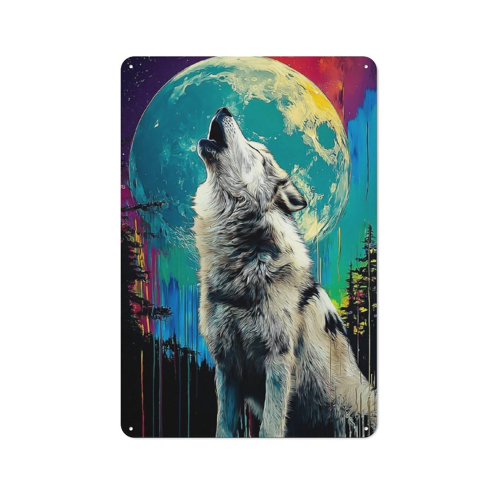 Junmoney Howling Wolf Under Moonlit Sky -3 Rustic Metal Plaque 30X20cm For Studio Or Craft Room, Housewarming Present For People Styling Studio And Craft Room