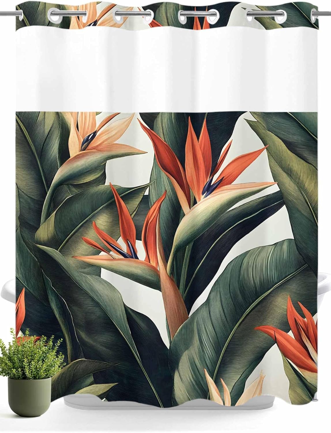 No Hooks Shower Curtain with Snap in Fabric Liner Set, Summer Tropical Plant Shower Curtains Waterproof & Washable Bathroom Curtain with See Through Top Window,Hotel Style,72x72in